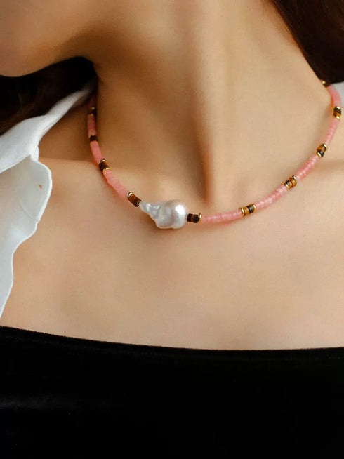 Large Baroque Pearl Pink Gemstone Necklace